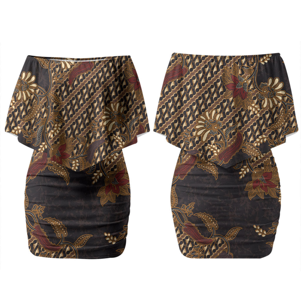 Indonesian Parang Batik Couples Matching Off Shoulder Short Dress and Long Sleeve Button Shirt Brown Gold Floral Pattern