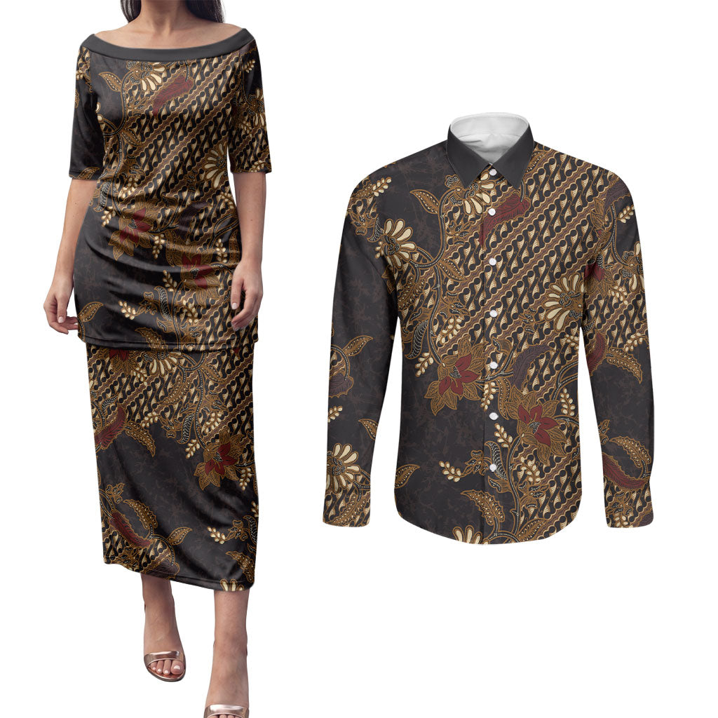 Indonesian Parang Batik Couples Matching Puletasi and Long Sleeve Button Shirt Brown Gold Floral Pattern