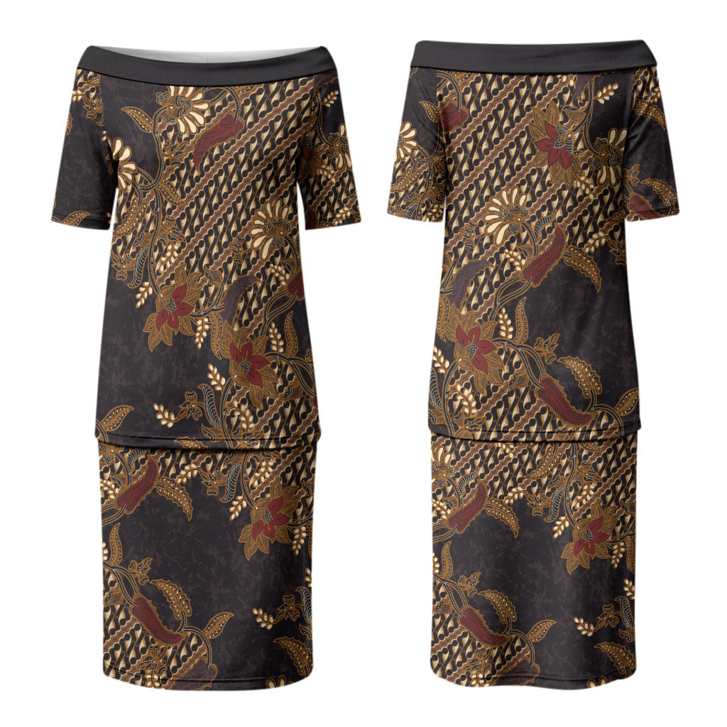 Indonesian Parang Batik Couples Matching Puletasi and Long Sleeve Button Shirt Brown Gold Floral Pattern