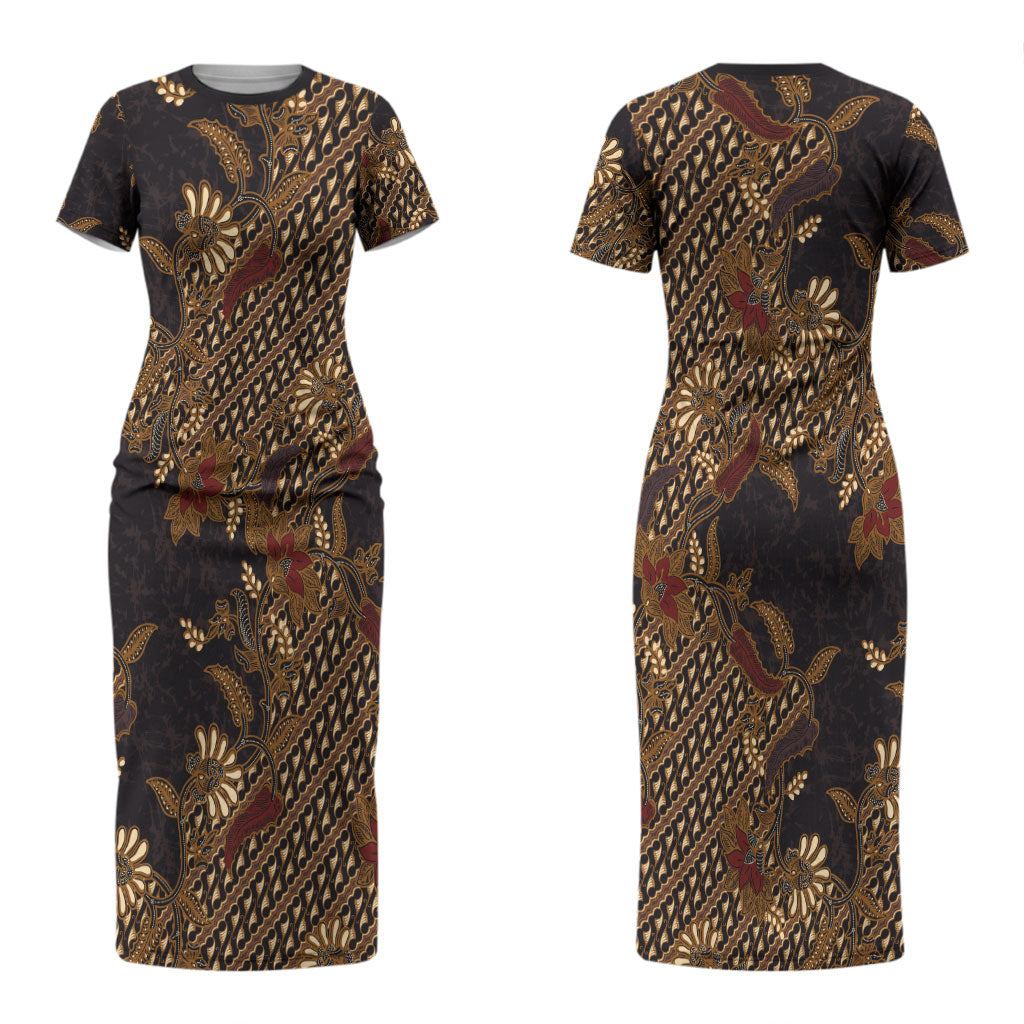 Indonesian Parang Batik Couples Matching Short Sleeve Bodycon Dress and Hawaiian Shirt Brown Gold Floral Pattern