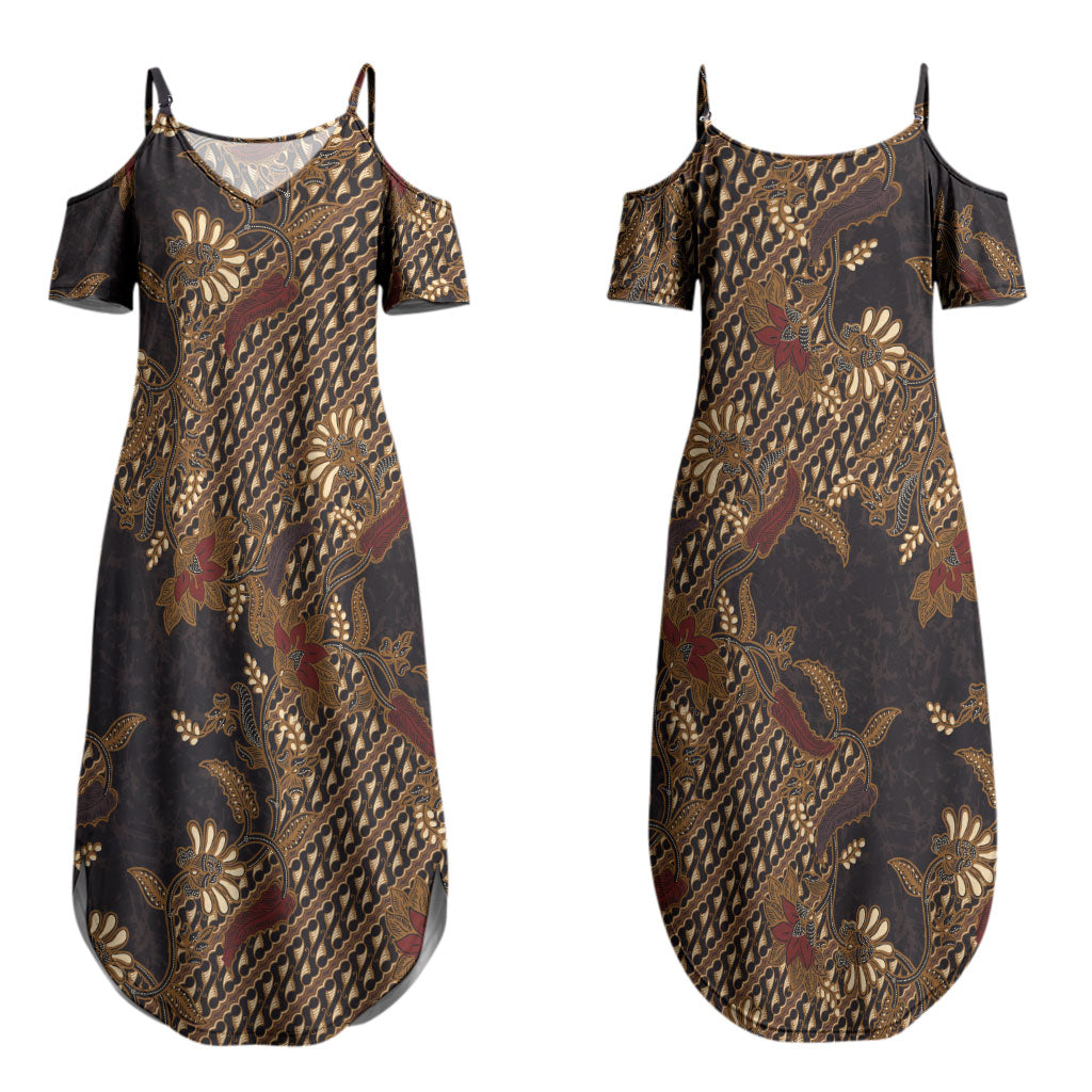 Indonesian Parang Batik Couples Matching Summer Maxi Dress and Long Sleeve Button Shirt Brown Gold Floral Pattern