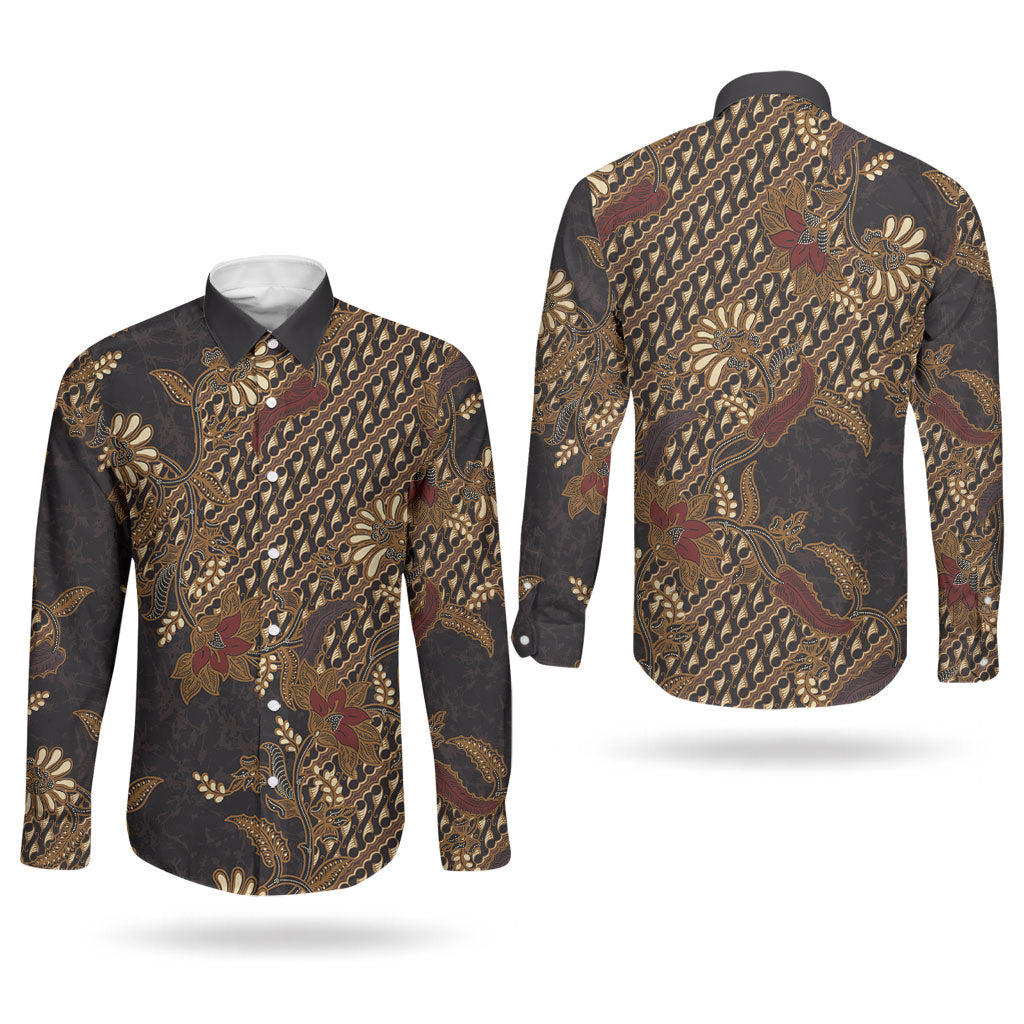 Indonesian Parang Batik Couples Matching Tank Maxi Dress and Long Sleeve Button Shirt Brown Gold Floral Pattern