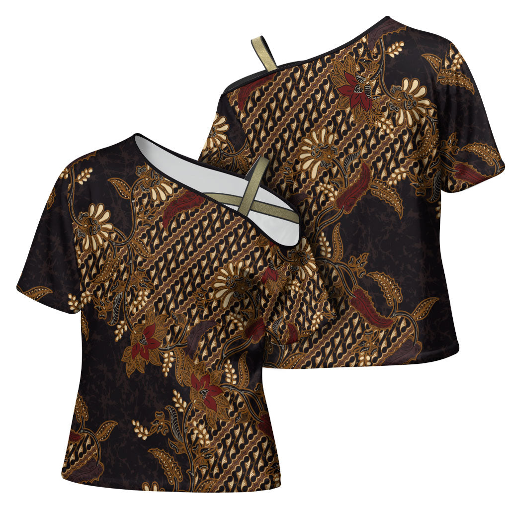 Indonesian Parang Batik Cross Shoulder Shirt Brown Gold Floral Pattern