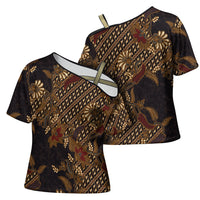 Indonesian Parang Batik Cross Shoulder Shirt Brown Gold Floral Pattern