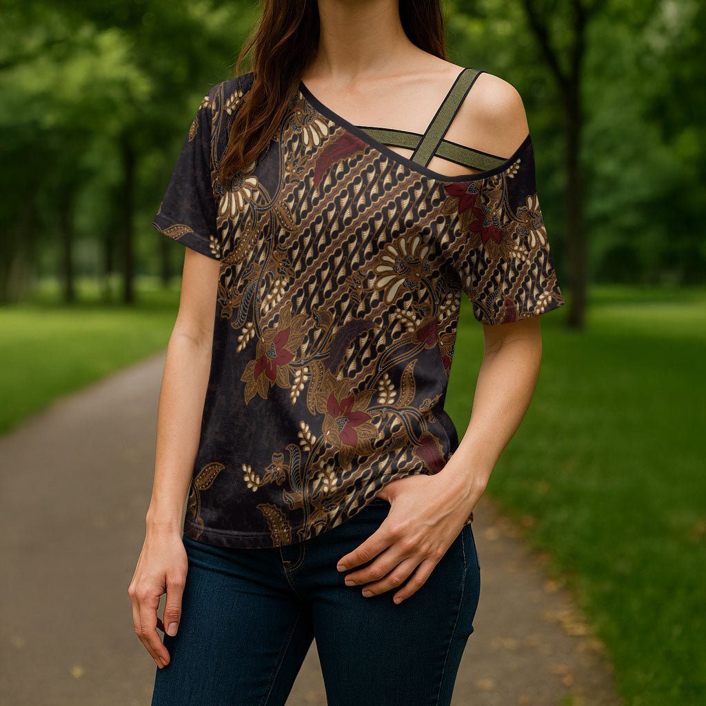 Indonesian Parang Batik Cross Shoulder Shirt Brown Gold Floral Pattern