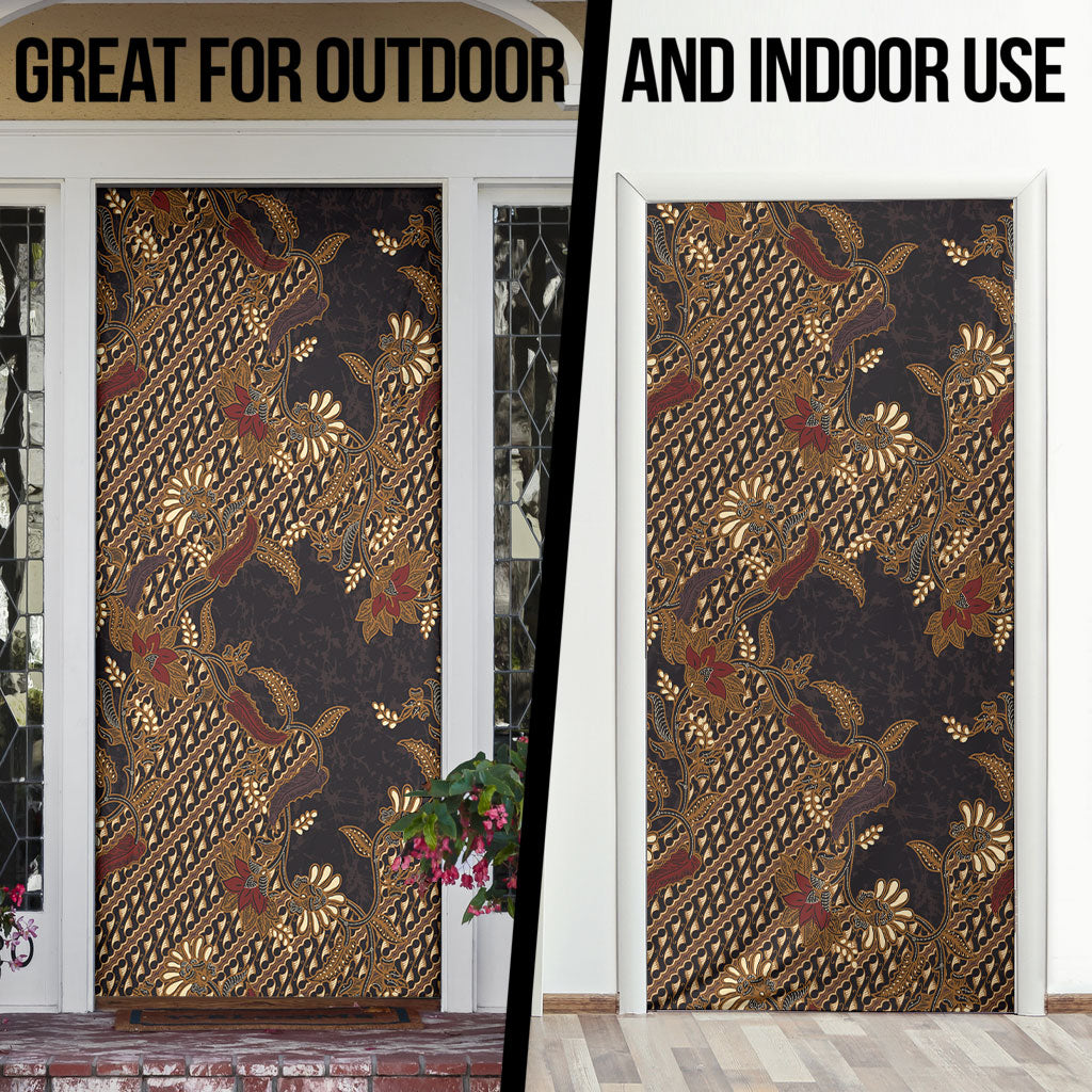 Indonesian Parang Batik Door Cover Brown Gold Floral Pattern