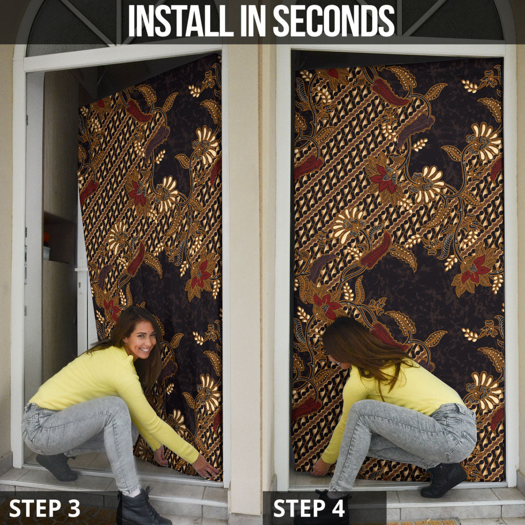 Indonesian Parang Batik Door Cover Brown Gold Floral Pattern