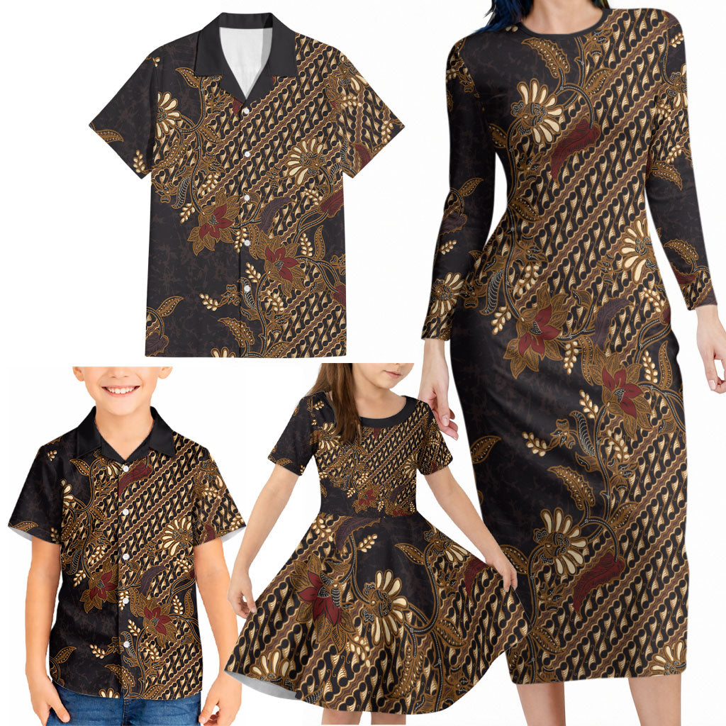 Indonesian Parang Batik Family Matching Long Sleeve Bodycon Dress and Hawaiian Shirt Brown Gold Floral Pattern