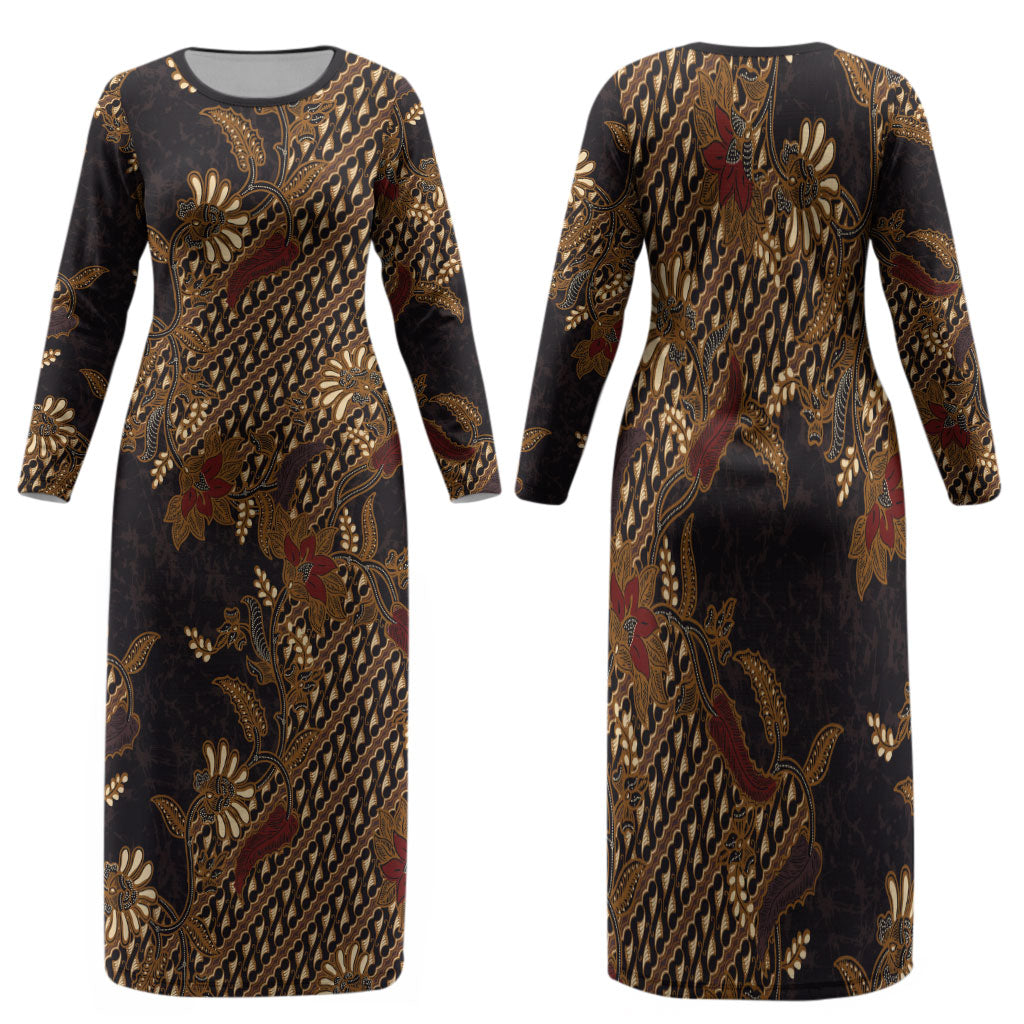 Indonesian Parang Batik Family Matching Long Sleeve Bodycon Dress and Hawaiian Shirt Brown Gold Floral Pattern