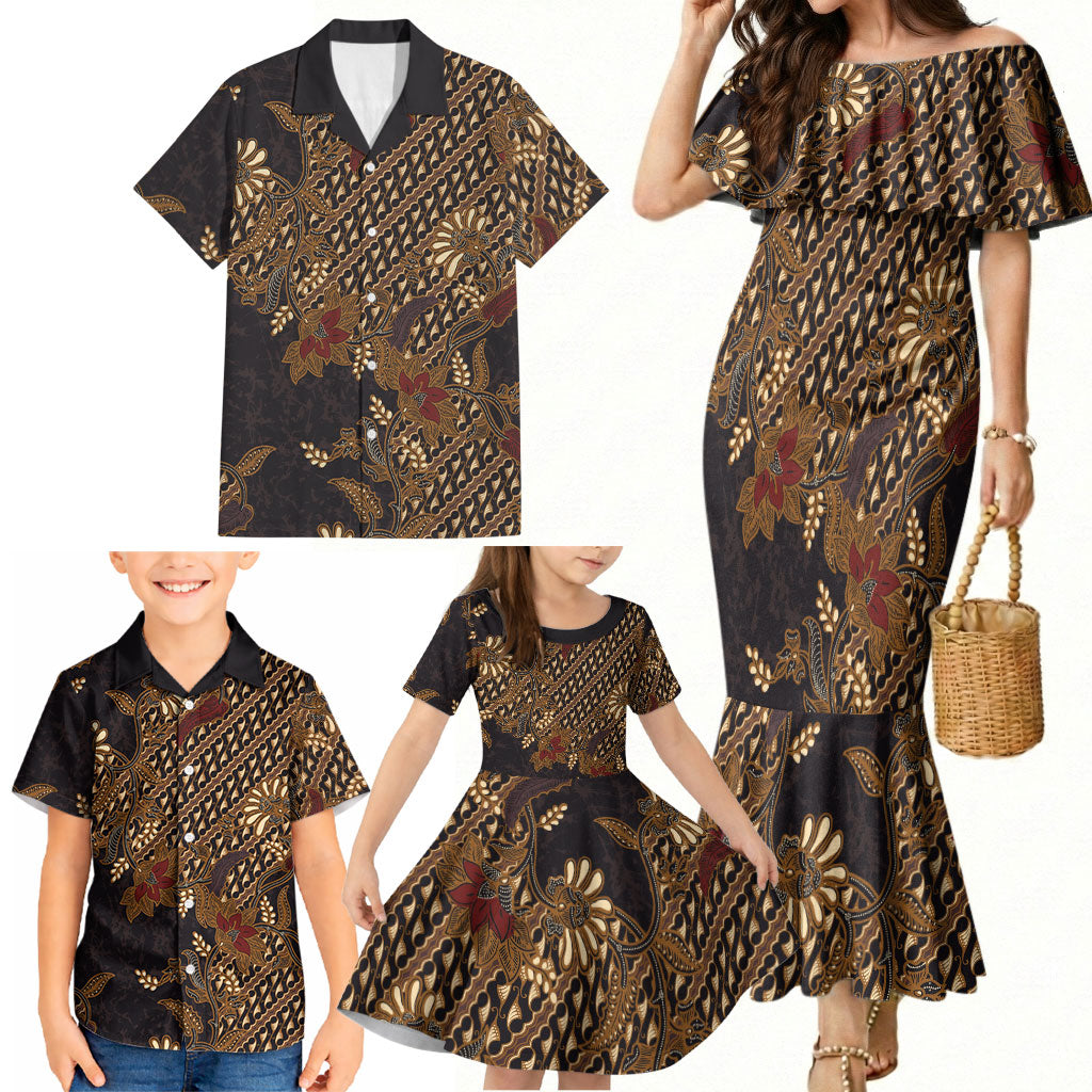 Indonesian Parang Batik Family Matching Mermaid Dress and Hawaiian Shirt Brown Gold Floral Pattern