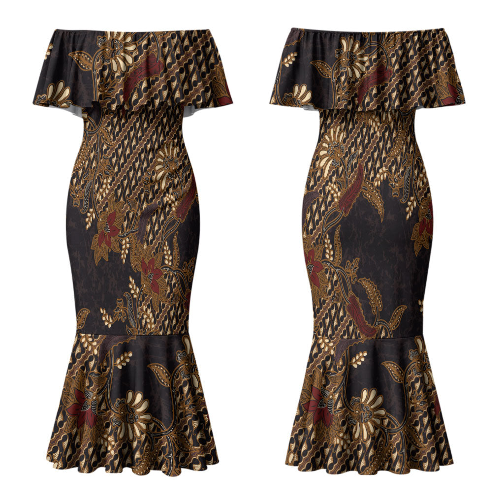 Indonesian Parang Batik Family Matching Mermaid Dress and Hawaiian Shirt Brown Gold Floral Pattern