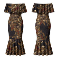 Indonesian Parang Batik Family Matching Mermaid Dress and Hawaiian Shirt Brown Gold Floral Pattern