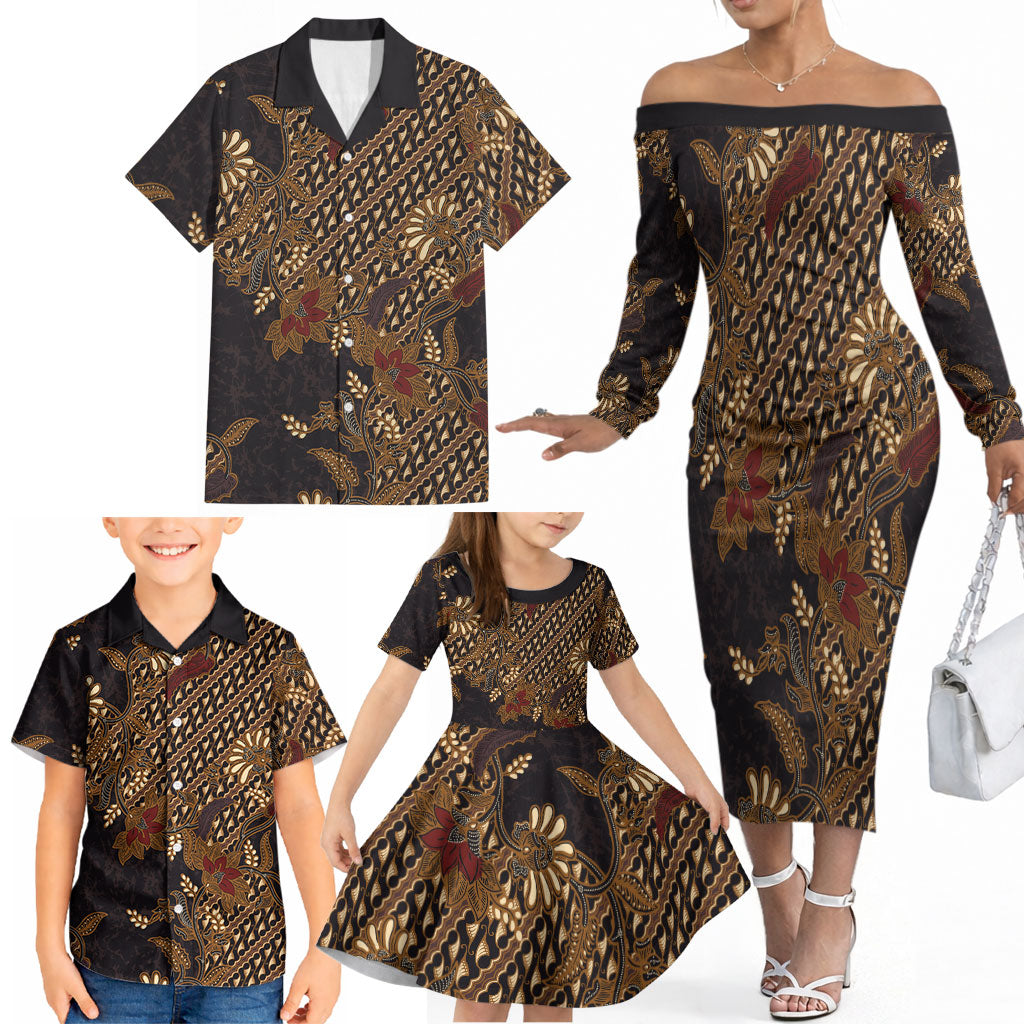 Indonesian Parang Batik Family Matching Off The Shoulder Long Sleeve Dress and Hawaiian Shirt Brown Gold Floral Pattern