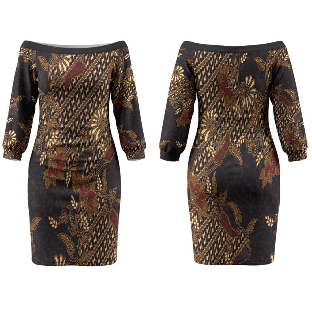 Indonesian Parang Batik Family Matching Off The Shoulder Long Sleeve Dress and Hawaiian Shirt Brown Gold Floral Pattern