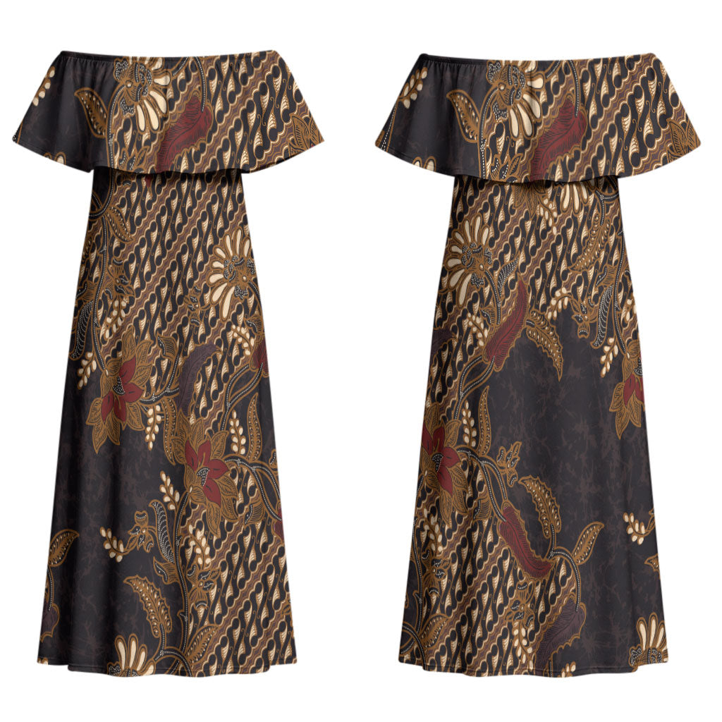 Indonesian Parang Batik Family Matching Off Shoulder Maxi Dress and Hawaiian Shirt Brown Gold Floral Pattern