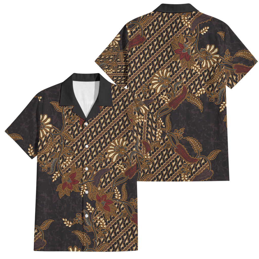 Indonesian Parang Batik Family Matching Off Shoulder Maxi Dress and Hawaiian Shirt Brown Gold Floral Pattern