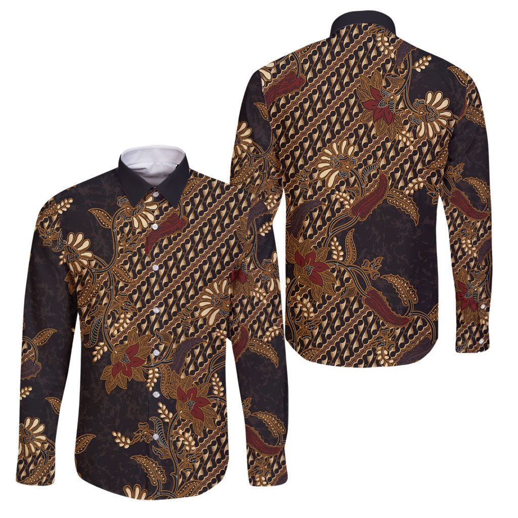 Indonesian Parang Batik Family Matching Off Shoulder Maxi Dress and Hawaiian Shirt Brown Gold Floral Pattern