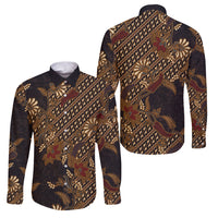 Indonesian Parang Batik Family Matching Off Shoulder Maxi Dress and Hawaiian Shirt Brown Gold Floral Pattern