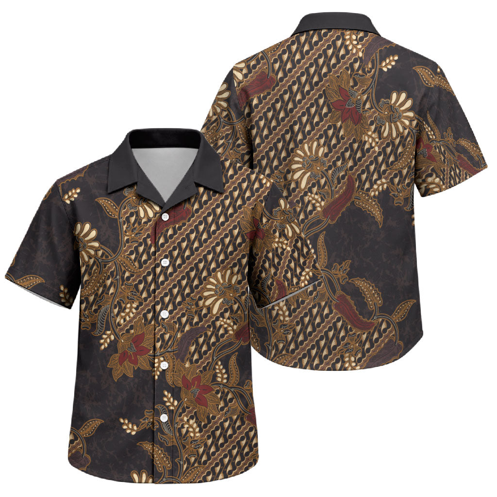 Indonesian Parang Batik Family Matching Off Shoulder Short Dress and Hawaiian Shirt Brown Gold Floral Pattern