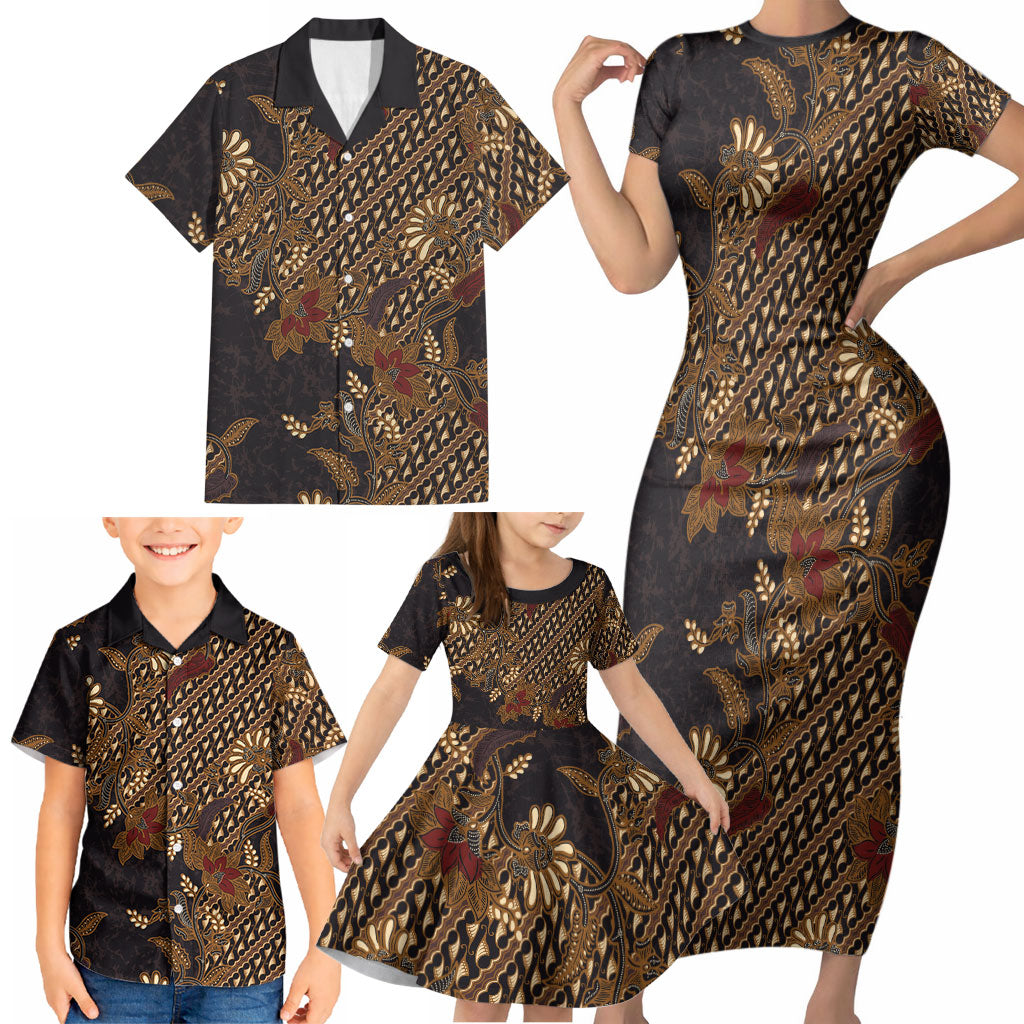 Indonesian Parang Batik Family Matching Short Sleeve Bodycon Dress and Hawaiian Shirt Brown Gold Floral Pattern