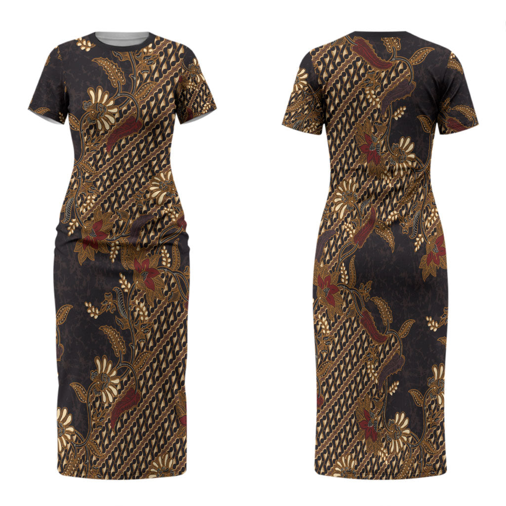 Indonesian Parang Batik Family Matching Short Sleeve Bodycon Dress and Hawaiian Shirt Brown Gold Floral Pattern