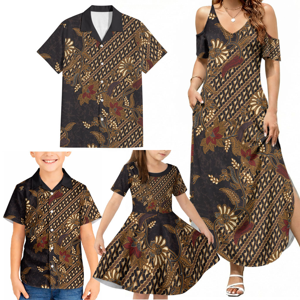 Indonesian Parang Batik Family Matching Summer Maxi Dress and Hawaiian Shirt Brown Gold Floral Pattern