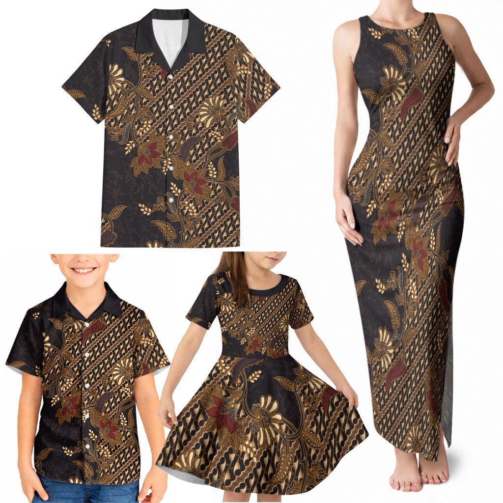 Indonesian Parang Batik Family Matching Tank Maxi Dress and Hawaiian Shirt Brown Gold Floral Pattern