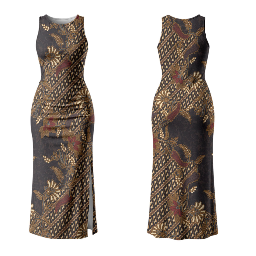 Indonesian Parang Batik Family Matching Tank Maxi Dress and Hawaiian Shirt Brown Gold Floral Pattern