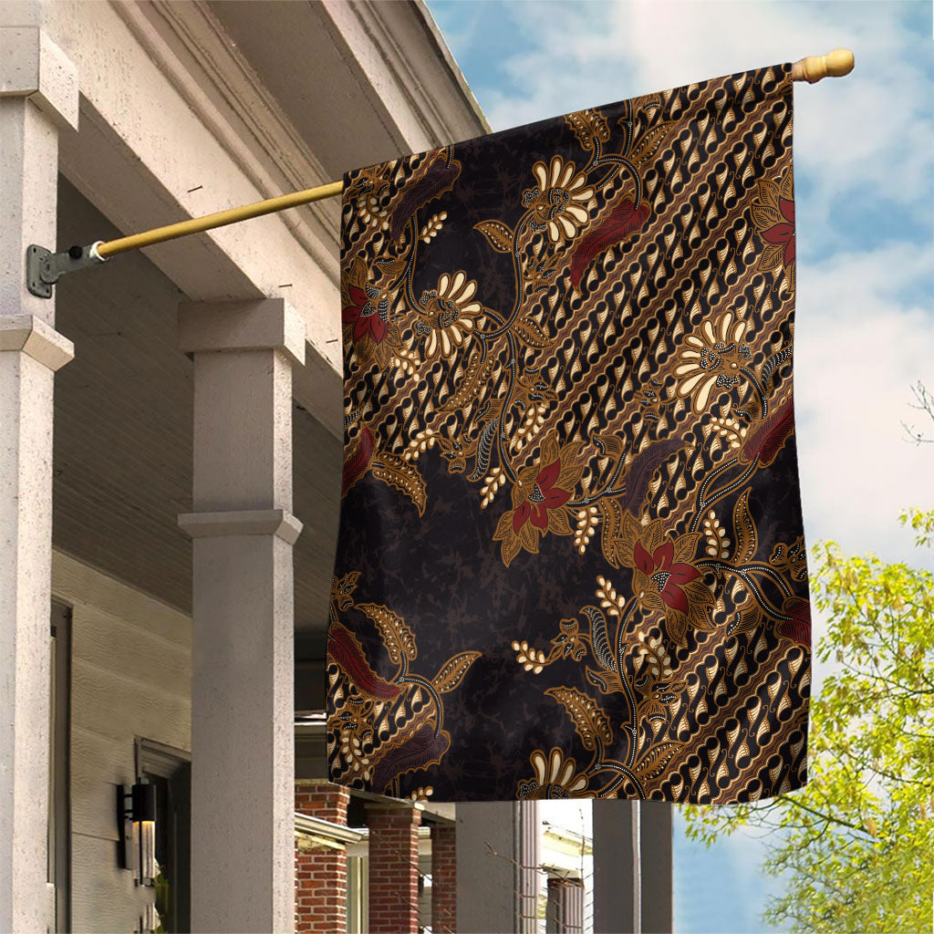 Indonesian Parang Batik Garden Flag Brown Gold Floral Pattern
