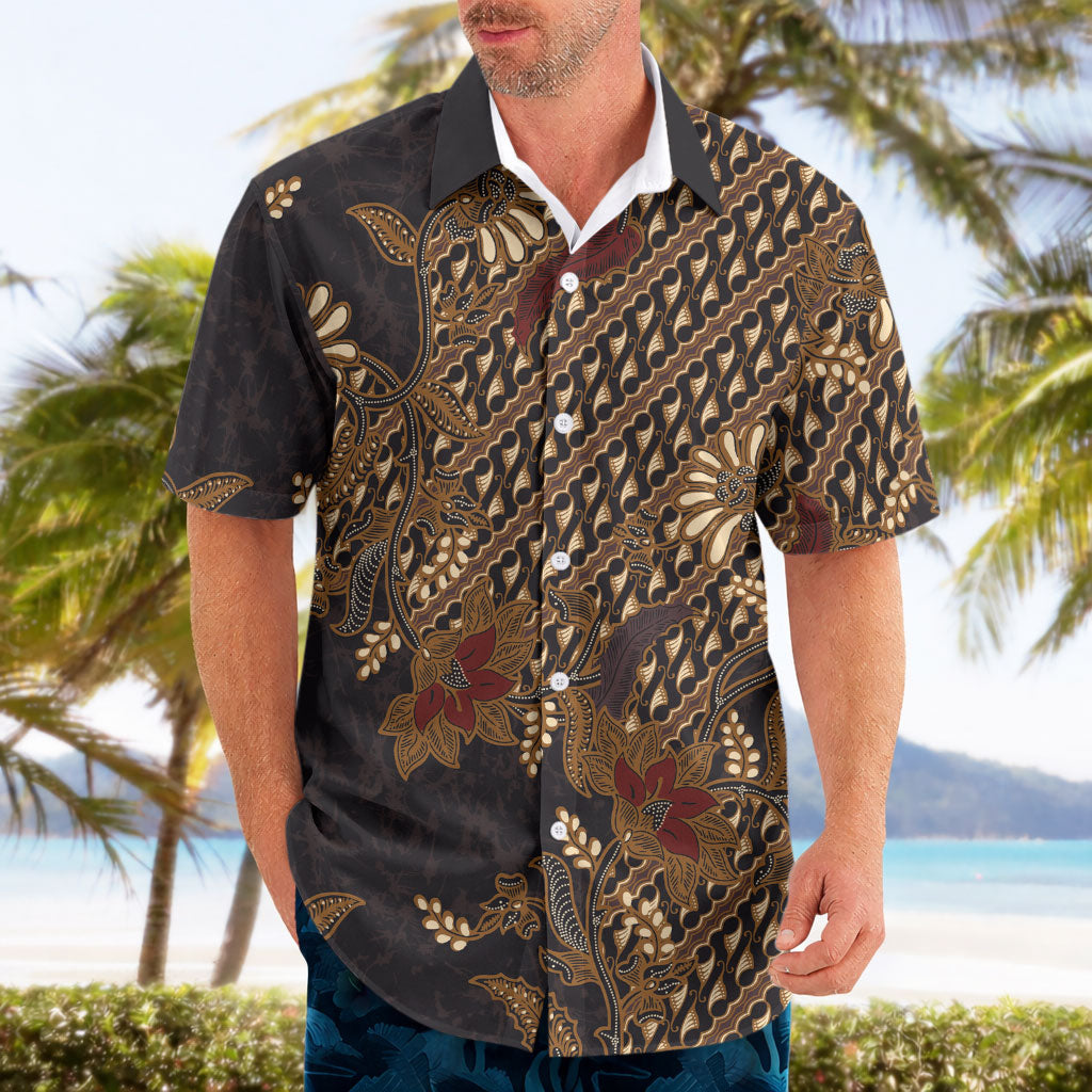 Indonesian Parang Batik Hawaiian Shirt Brown Gold Floral Pattern