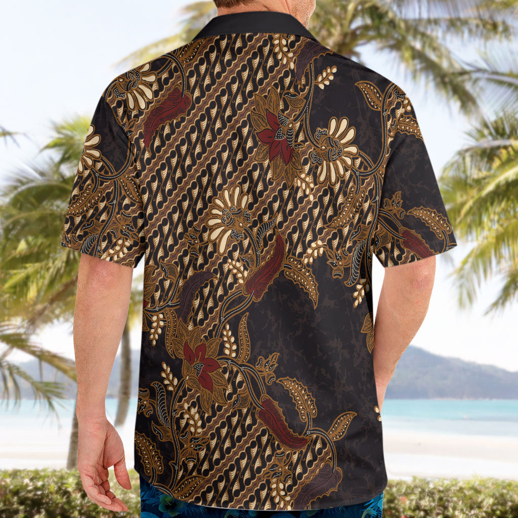 Indonesian Parang Batik Hawaiian Shirt Brown Gold Floral Pattern
