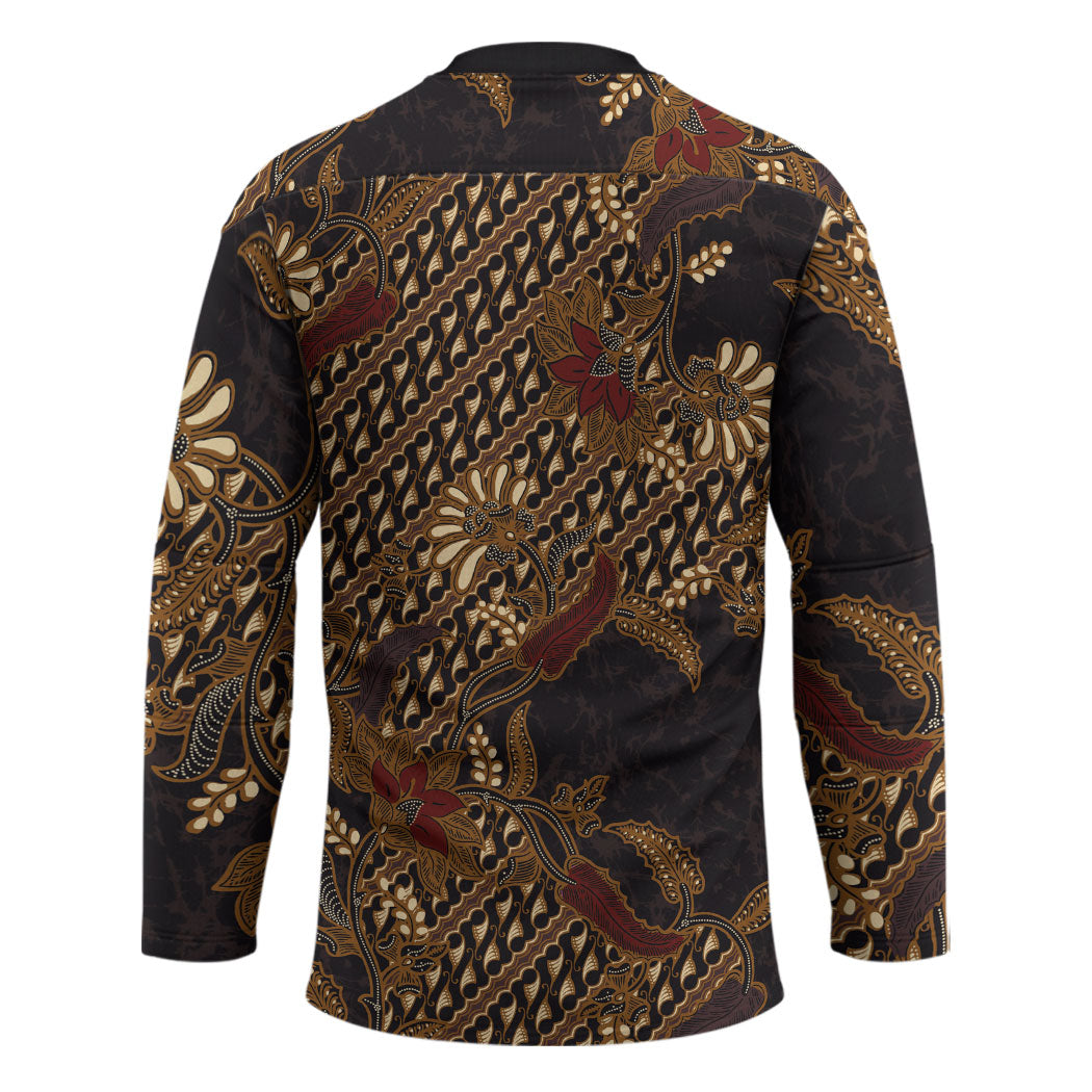 Indonesian Parang Batik Hockey Jersey Brown Gold Floral Pattern