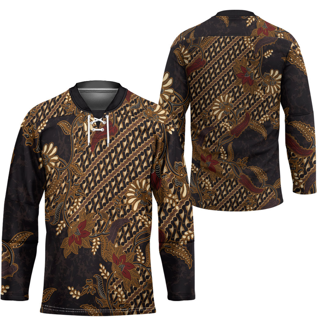 Indonesian Parang Batik Hockey Jersey Brown Gold Floral Pattern