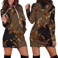 Indonesian Parang Batik Hoodie Dress Brown Gold Floral Pattern
