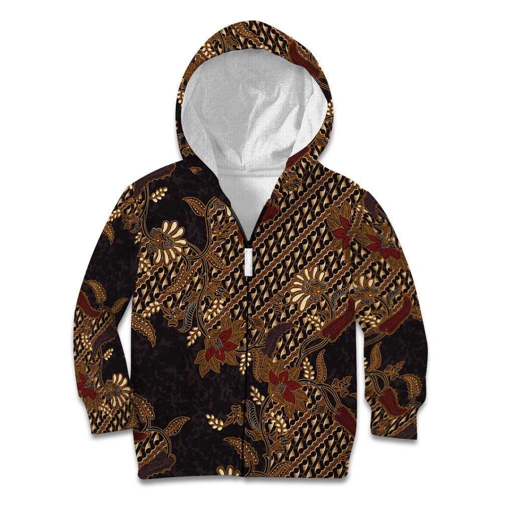 Indonesian Parang Batik Kid Hoodie Brown Gold Floral Pattern