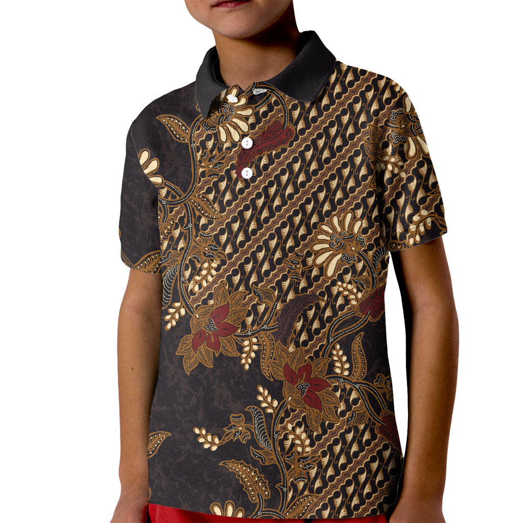 Indonesian Parang Batik Kid Polo Shirt Brown Gold Floral Pattern