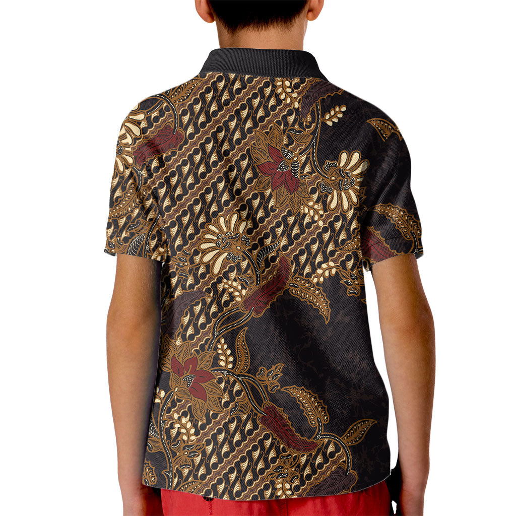 Indonesian Parang Batik Kid Polo Shirt Brown Gold Floral Pattern