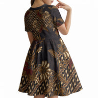 Indonesian Parang Batik Kid Short Sleeve Dress Brown Gold Floral Pattern