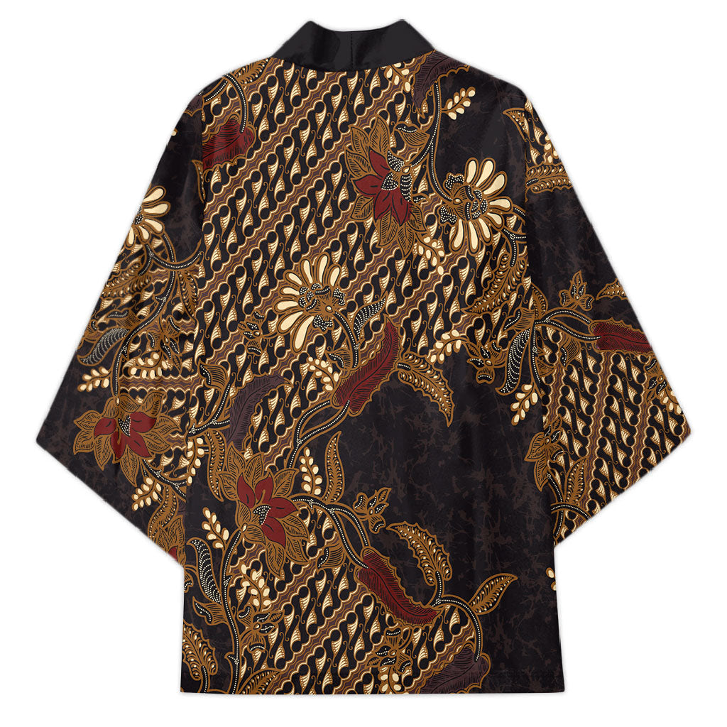 Indonesian Parang Batik Kimono Brown Gold Floral Pattern