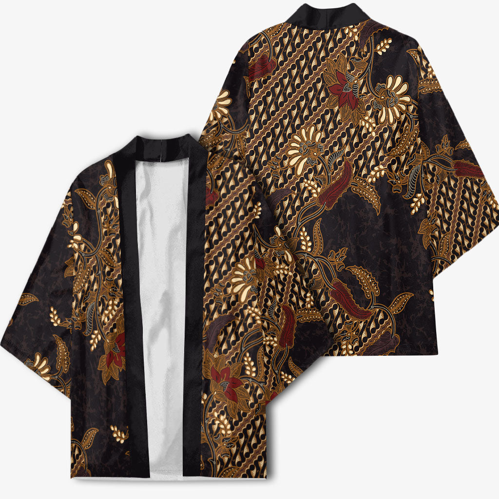 Indonesian Parang Batik Kimono Brown Gold Floral Pattern