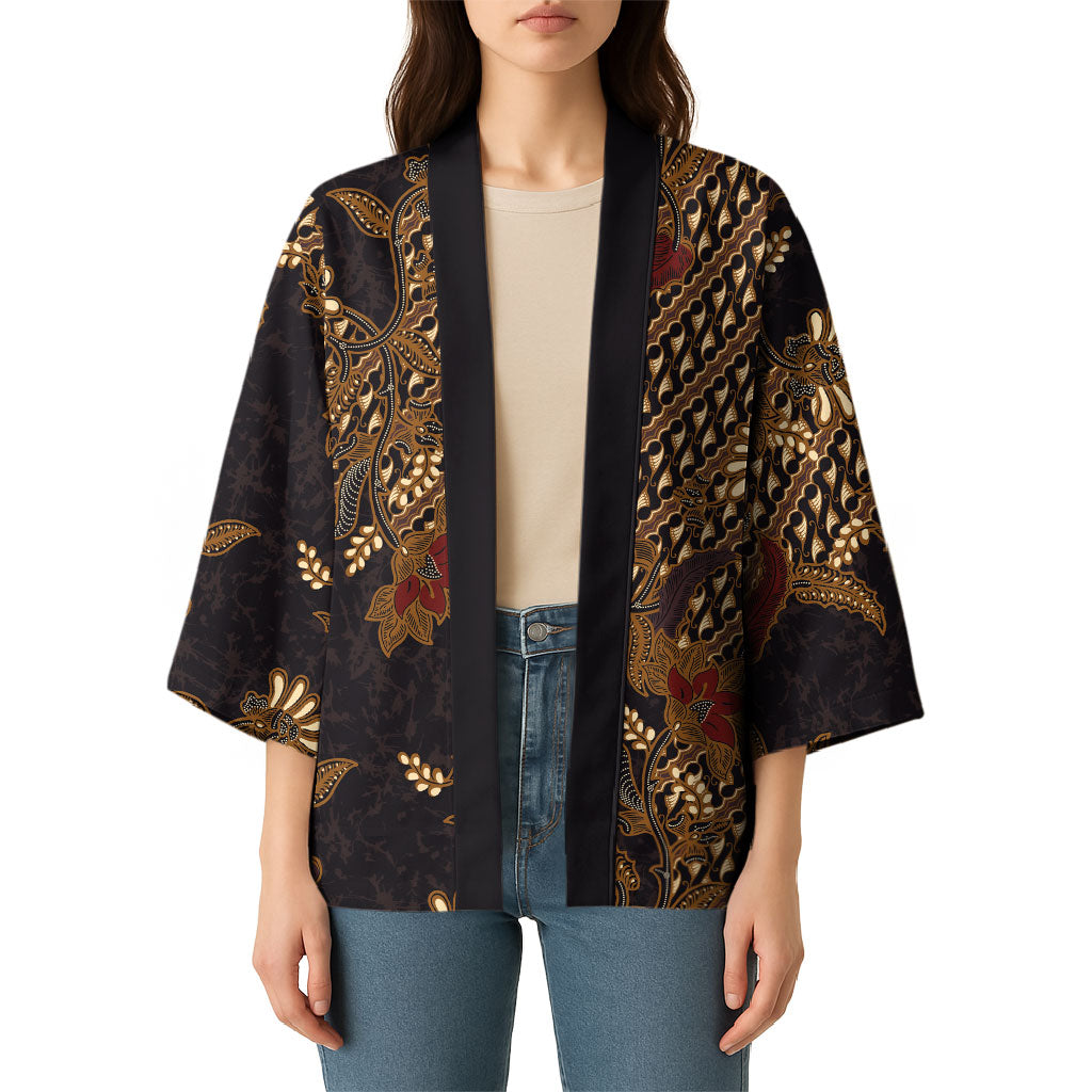 Indonesian Parang Batik Kimono Brown Gold Floral Pattern