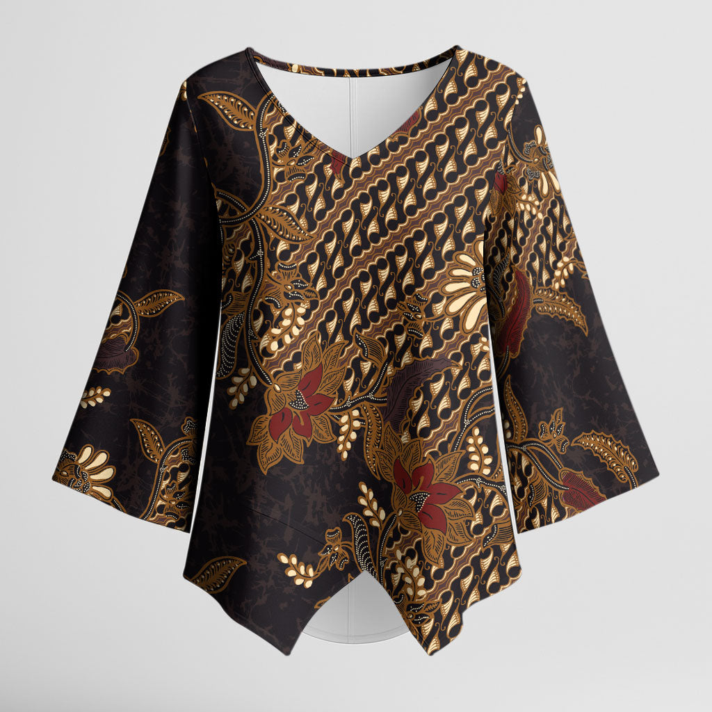 Indonesian Parang Batik Kimono Sleeve Blouse Brown Gold Floral Pattern