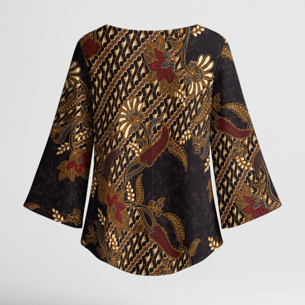 Indonesian Parang Batik Kimono Sleeve Blouse Brown Gold Floral Pattern