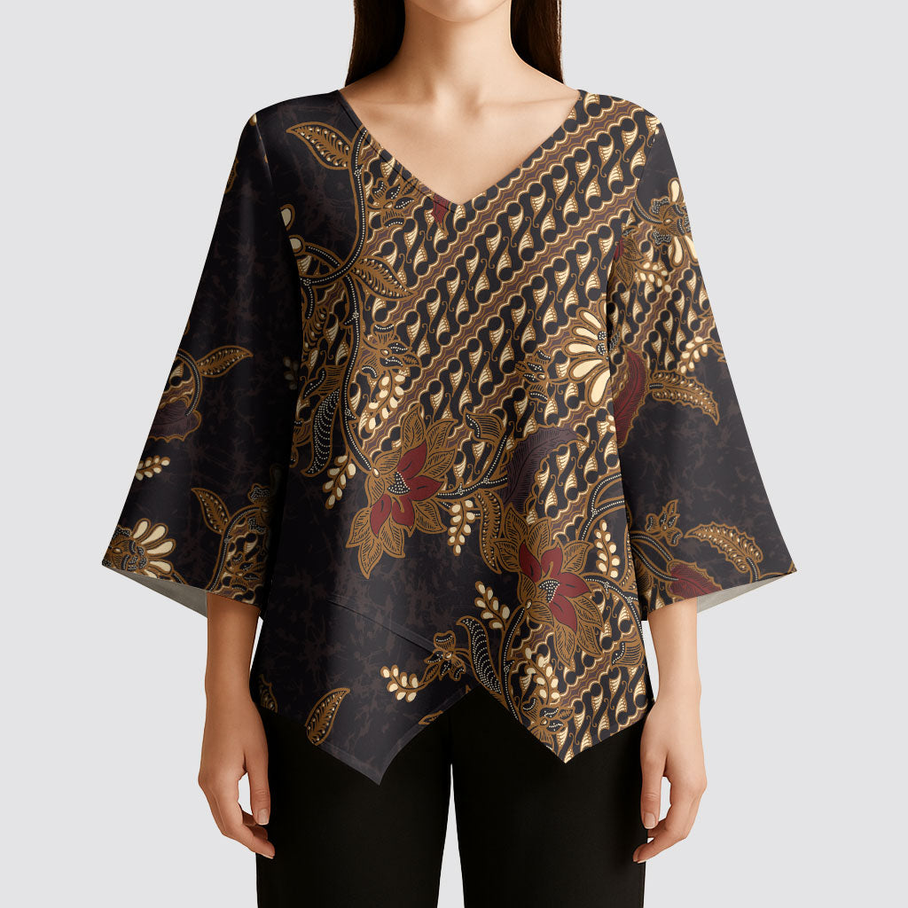 Indonesian Parang Batik Kimono Sleeve Blouse Brown Gold Floral Pattern