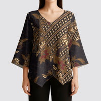 Indonesian Parang Batik Kimono Sleeve Blouse Brown Gold Floral Pattern