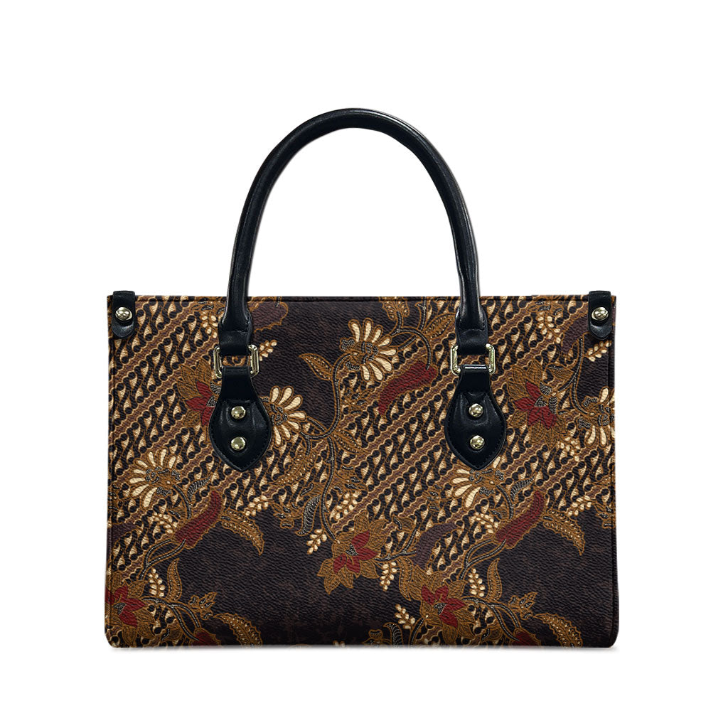 Indonesian Parang Batik Leather Bag Brown Gold Floral Pattern