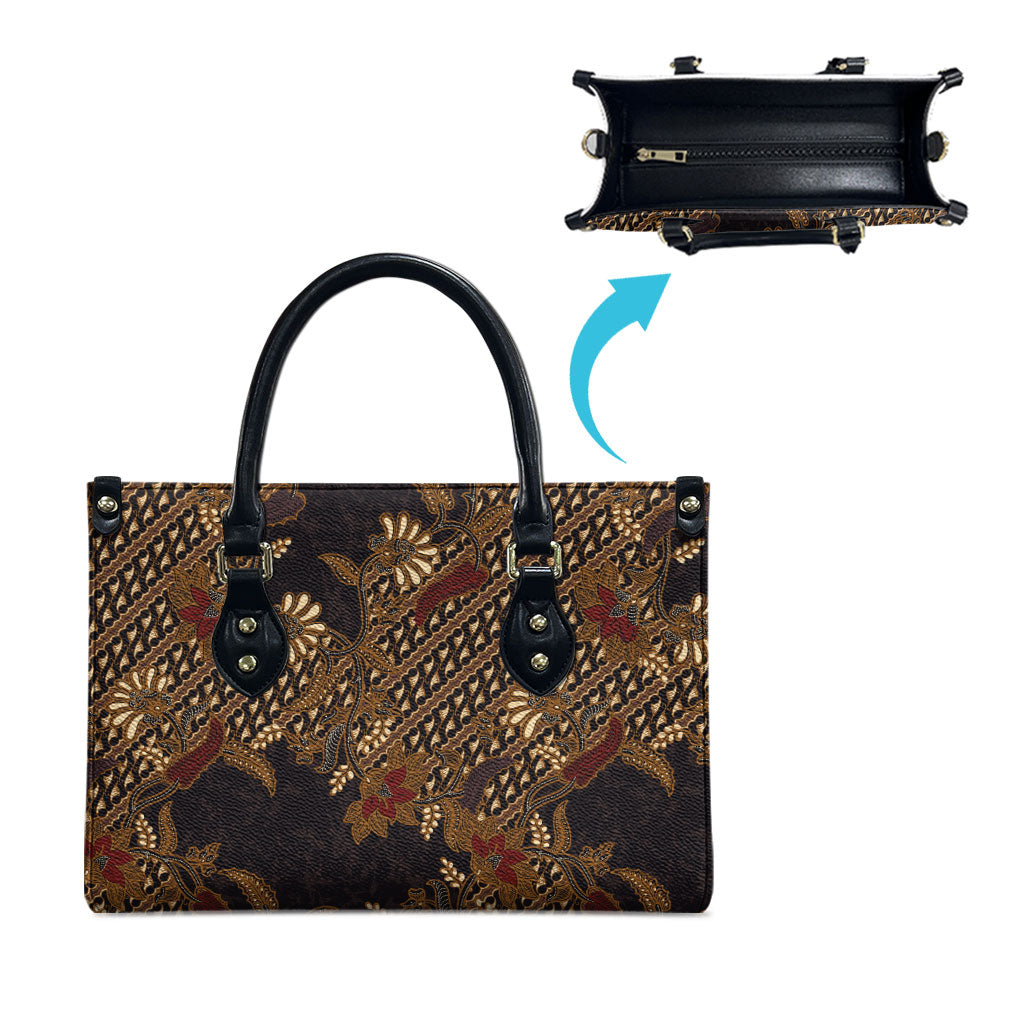 Indonesian Parang Batik Leather Bag Brown Gold Floral Pattern