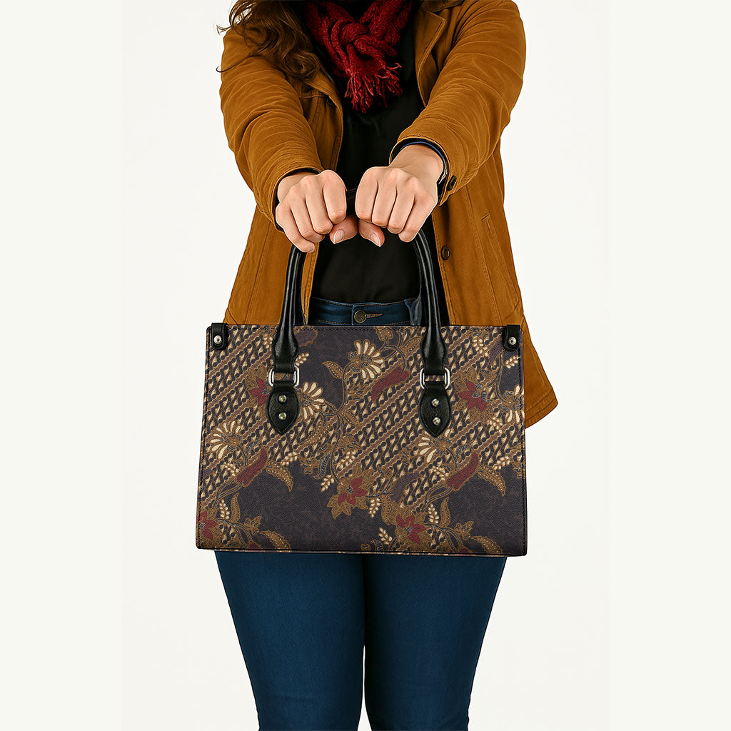 Indonesian Parang Batik Leather Bag Brown Gold Floral Pattern