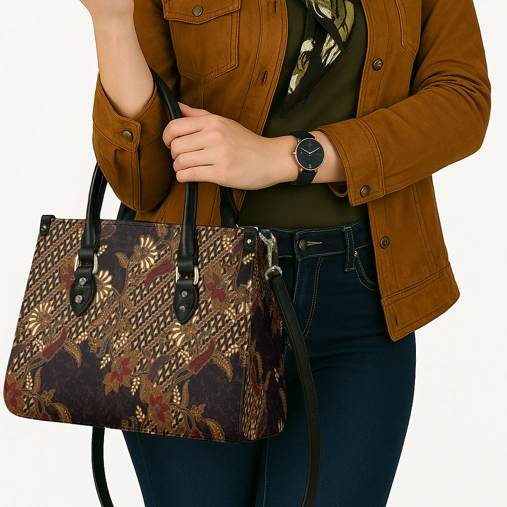 Indonesian Parang Batik Leather Bag Brown Gold Floral Pattern
