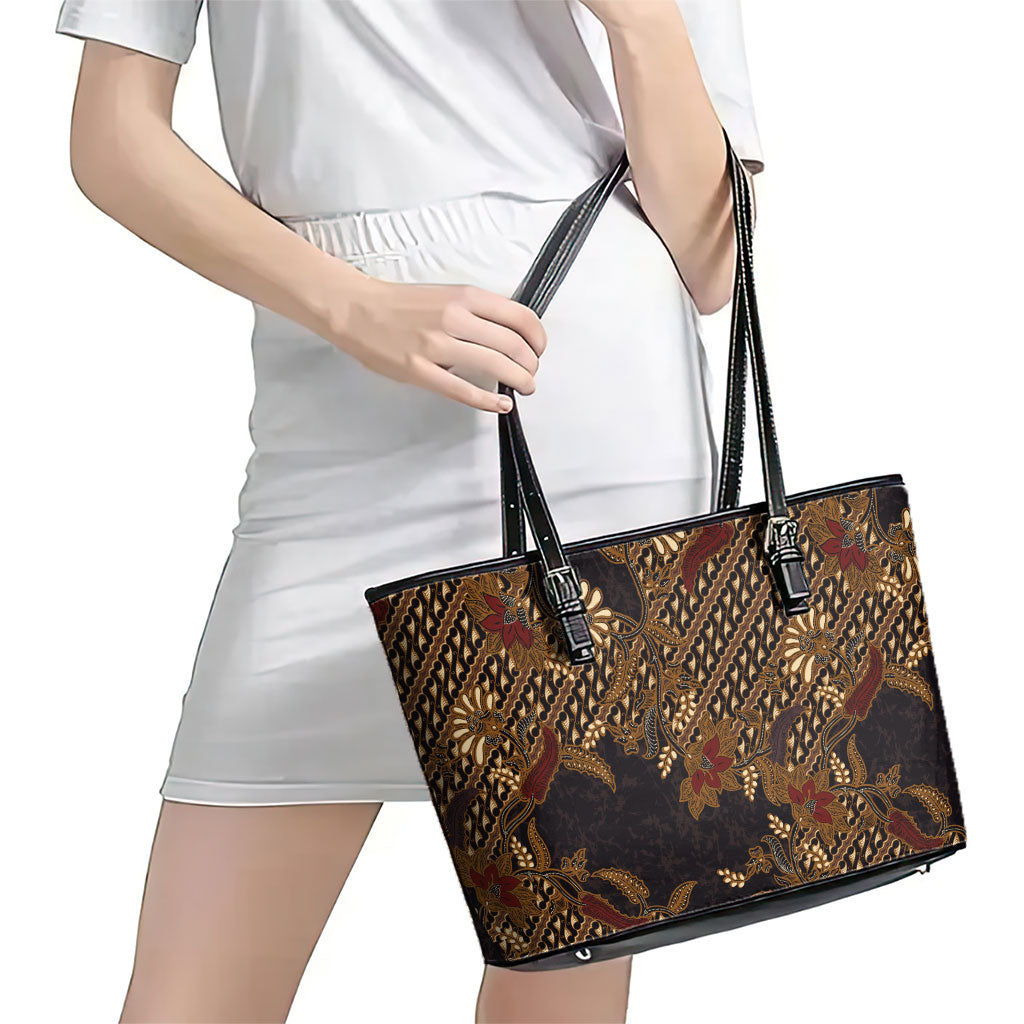 Indonesian Parang Batik Leather Tote Bag Brown Gold Floral Pattern